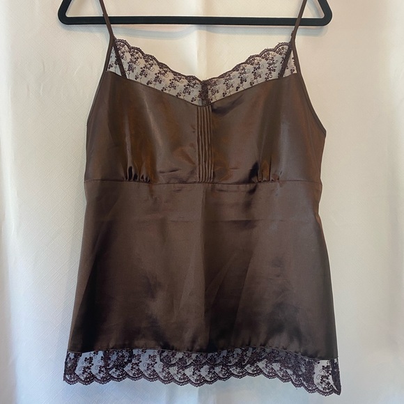 Ricki's Tops - Ricki's Rich Chocolate Brown Lace Trim Satin Empire Waist Sexy Camisole Tank LG